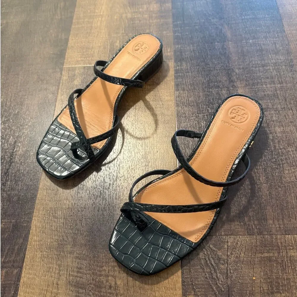 Tory Burch Croc Embossed Slide Sandals Black Leather Size 8M